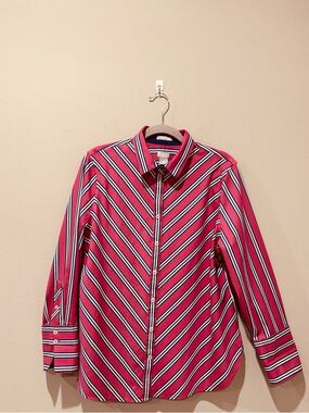 Chico's Pink Striped Button Up Shirt Navy White Trim Casual Office Classic Basic
